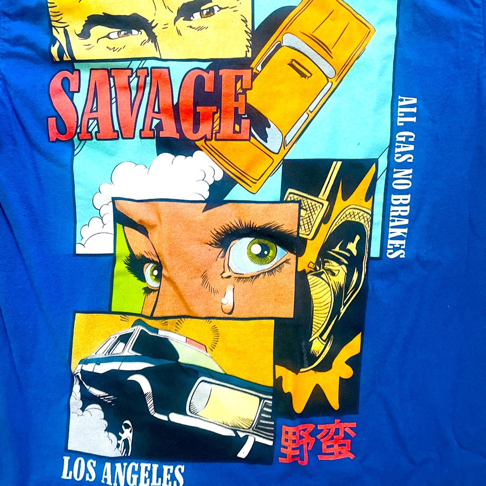 Savage Small Blue Comic Book Panel All Gas No Breaks Gildan T-shirt